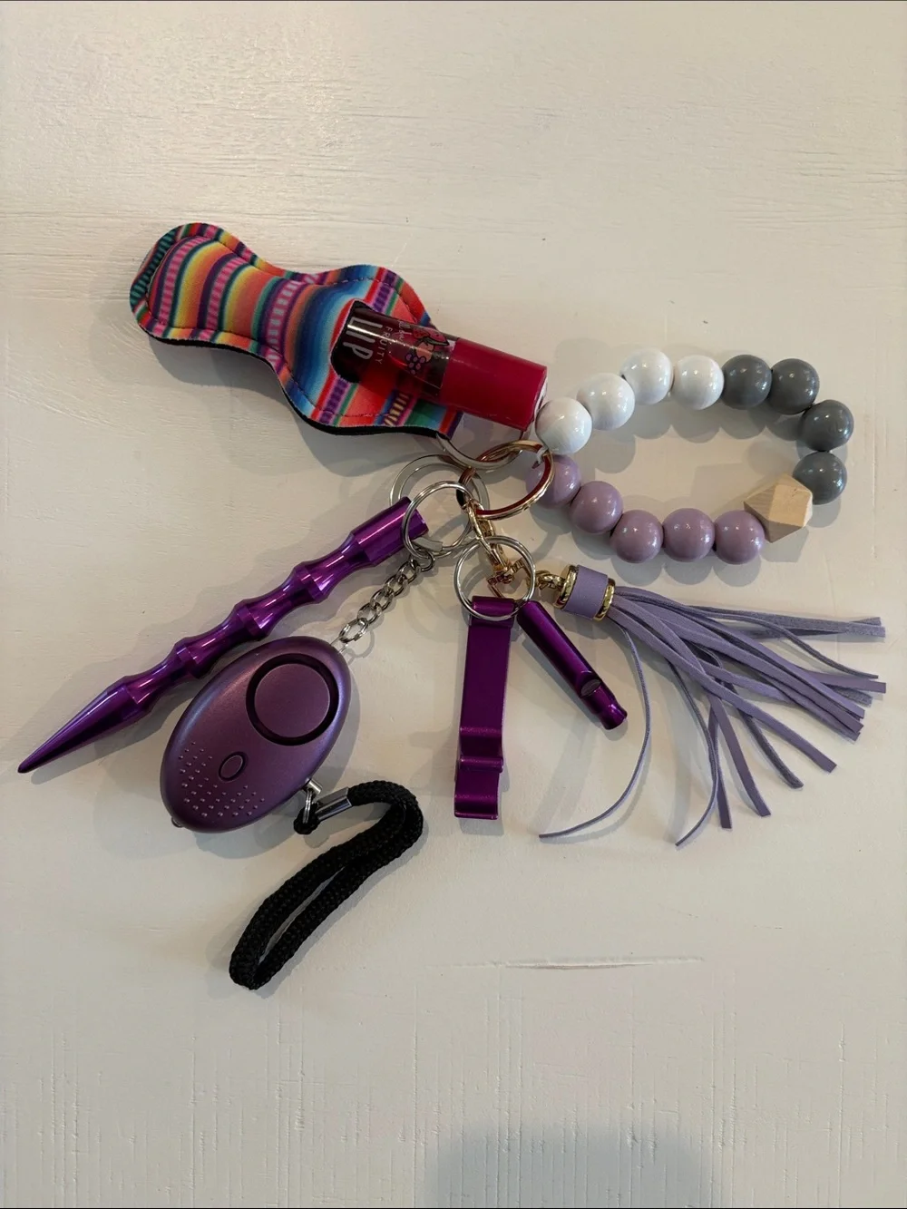 Purple Beaded Tassel Keychain Wristlet with Safety Tools